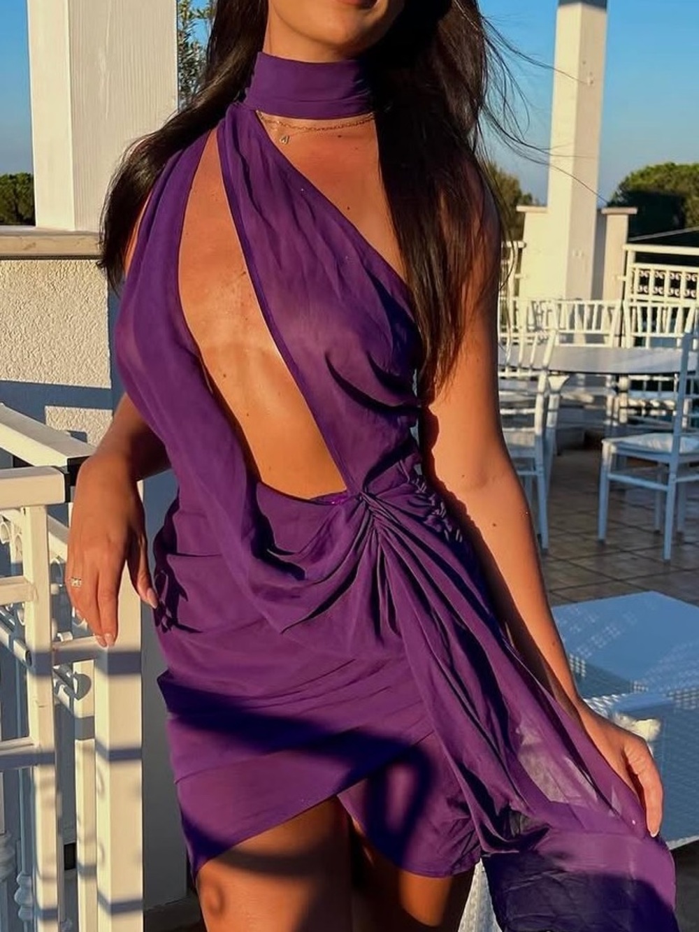 PrettyLittleThing Purple One-Shoulder Draped Cutout Mini Dress